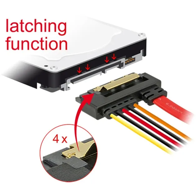 DeLOCK SATA 7 pin + Molex 4 pin power plug > SATA 22 pin haaks adapter (Zwart/rood)