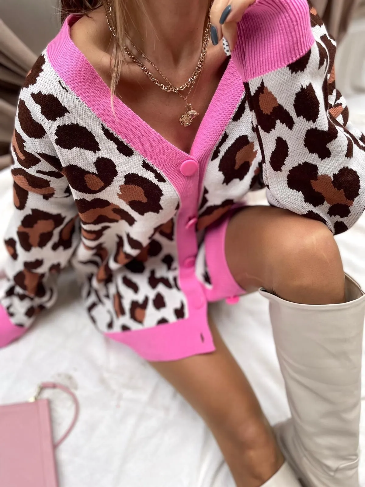 LEOPAR PATROON OVERSIZED DAMES VEST  13333  BEIGE / ROZE