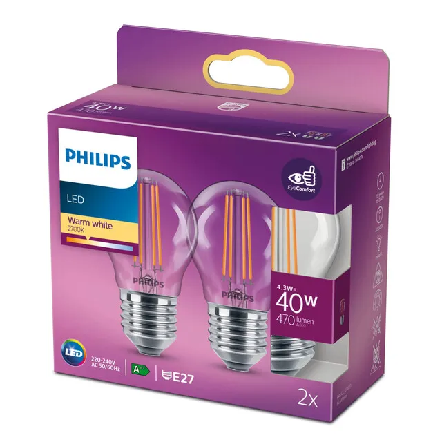 Philips Filamentkaarslamp helder 40W P45 E27 x2