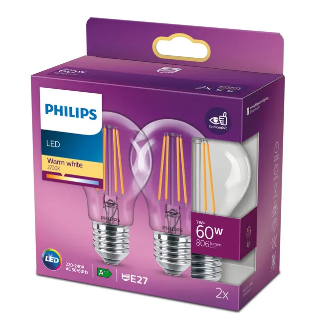 Philips Filamentlamp helder 60W A60 E27 x2
