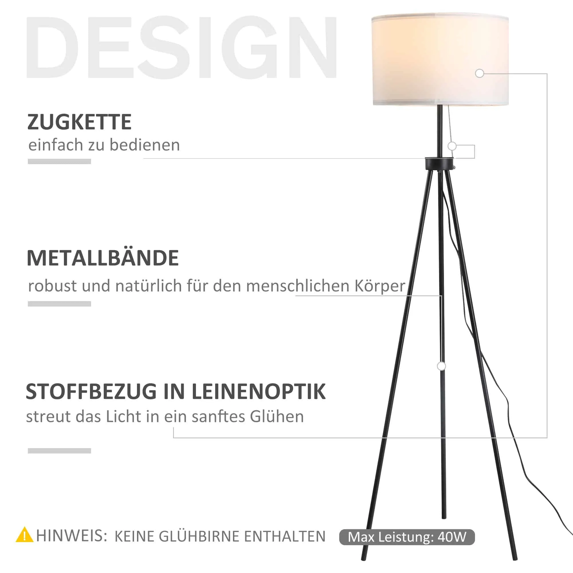 Vloerlamp vloerlampstandaard Lamp E27, staal+polyester, 37x37x152cm (zwart+wit)